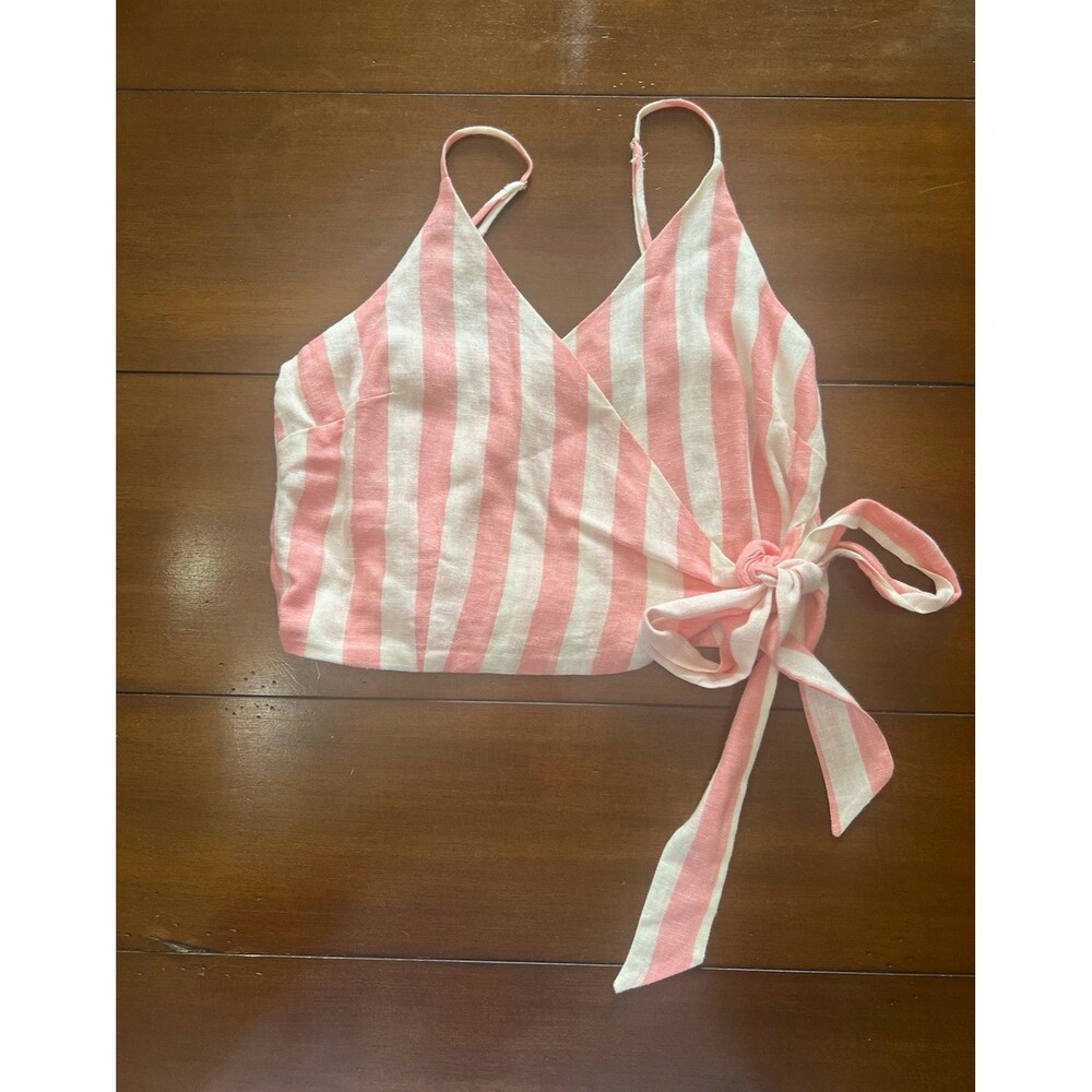Graffiti Pink White Vertical Stripe Linen Wrap Camisole Crop Top S